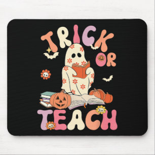 Groovy Halloween Trick or Teach Retro Floral Ghost Mousepad