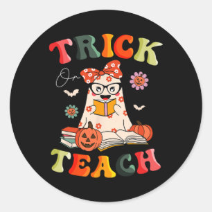 Groovy Halloween Trick or Teach Retro Floral Ghost Runder Aufkleber