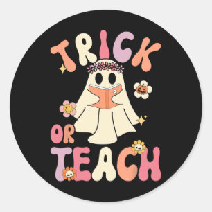 Groovy Halloween Trick or Teach Retro Floral Ghost Runder Aufkleber