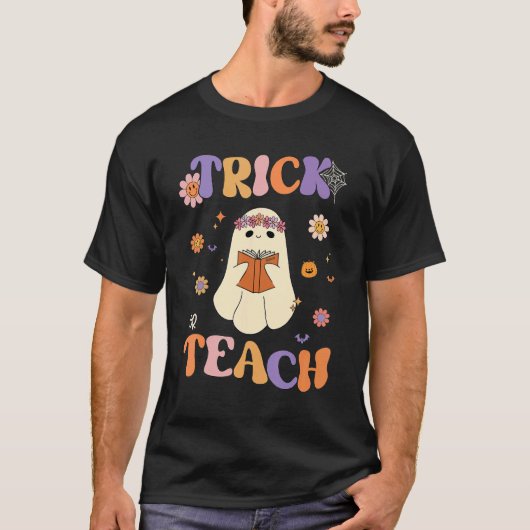 Groovy Halloween Trick or Teach Retro Floral Ghost T-Shirt (Vorderseite)
