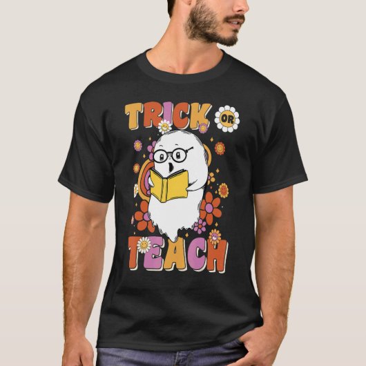 Groovy Halloween Trick or Teach Retro Floral Ghost T-Shirt (Vorderseite)