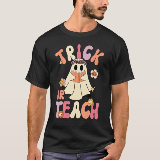 Groovy Halloween Trick or Teach Retro Floral Ghost T-Shirt (Vorderseite)
