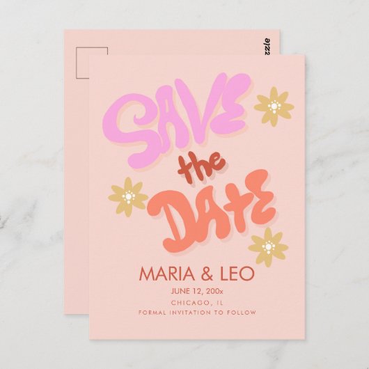 Groovy Hand Drawn Letters Save the Date Postkarte (Vorne/Hinten)