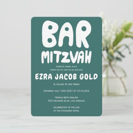 Groovy Handlettering Custom Bar Bnai Mitzvah Green Einladung (Stehend Vorderseite)