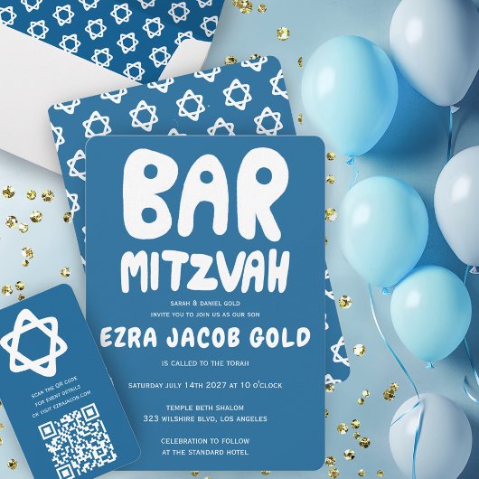 Groovy Handlettering Custom Bar Mitzvah Blue Stars Einladung