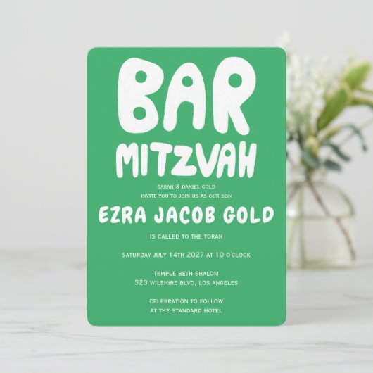 Groovy Handlettering Custom Bar Mitzvah Green Einladung (Stehend Vorderseite)