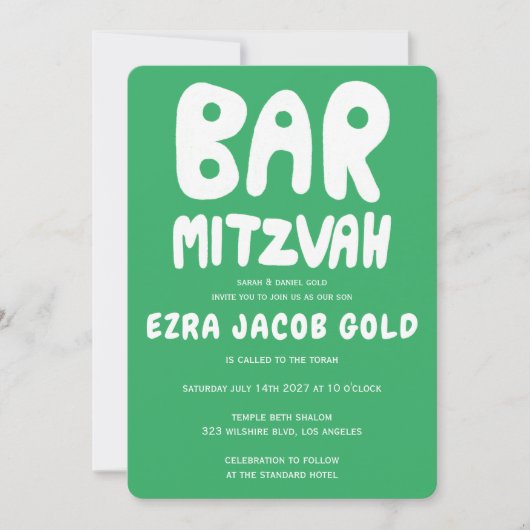 Groovy Handlettering Custom Bar Mitzvah Green Einladung (Vorderseite)