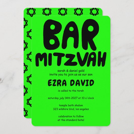 Groovy Handlettering Custom BAR Mitzvah Neon Stars Einladung (Vorne/Hinten)