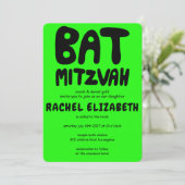 Groovy Handlettern Custom Bat Mitzvah Neon Stars Einladung (Stehend Vorderseite)