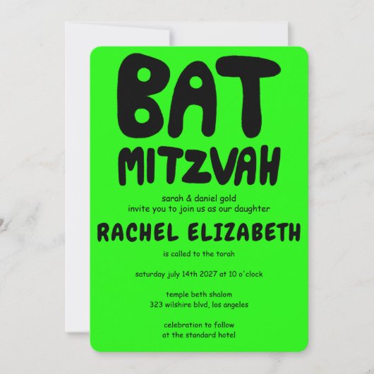 Groovy Handlettern Custom Bat Mitzvah Neon Stars Einladung (Vorderseite)