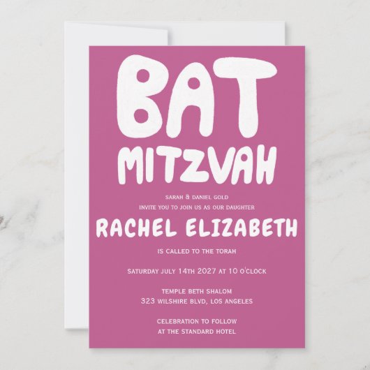 Groovy Handlettern Custom Bat Mitzvah Pink Einladung (Vorderseite)