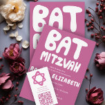 Groovy Handlettern Custom Bat Mitzvah Pink Einladung<br><div class="desc">Perfekte Karte, um eine Fledermausmitzvah anzukündigen! Handgefertigte Kunst für Sie mit Griffe auf der Vorder- und Rückseite! Vollständig anpassbar! Klicken Sie auf "Personalisieren" oben, um den Text zu bearbeiten. Klicken Sie auf "Bearbeiten mit dem Design-Tool", um die Schriftart, Farben und Platzierungen anzupassen und das Design auf der Rückseite zu löschen,...</div>