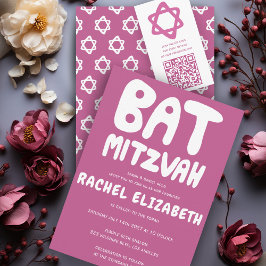 Groovy Handlettern Custom Bat Mitzvah Pink Stars Einladung
