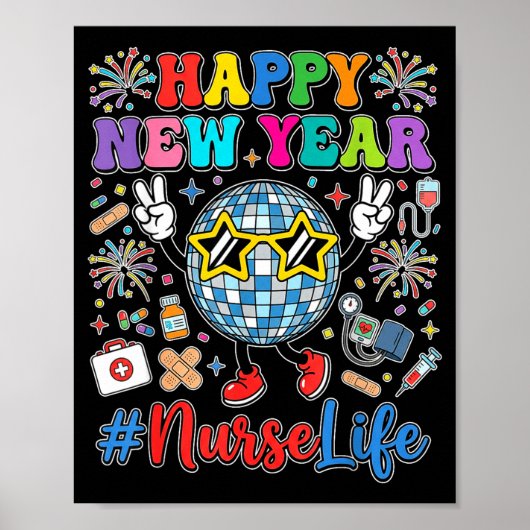 Groovy Happy New Year 2026 Nurse Life Disco Ball F Poster (Vorne)
