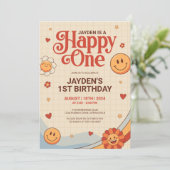Groovy Happy One Y2k Happy Face Birthday Einladung (Stehend Vorderseite)