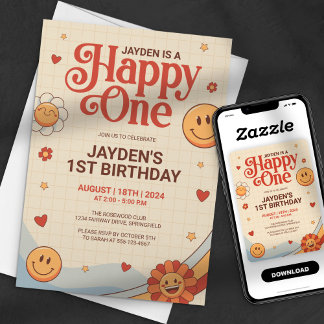 Groovy Happy One Y2k Happy Face Birthday Einladung