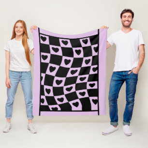 Groovy Heart Shape Checkerboard, Y2K 90s Fleecedecke