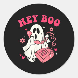 Groovy Hey Boo Niedlich Ghost Funny Halloween Mens Runder Aufkleber