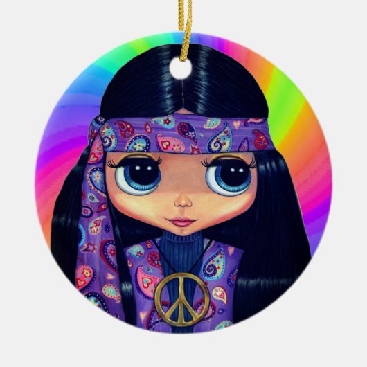 Groovy Hippie Chick in Purple Peace Sign Headband Keramik Ornament (Vorne)