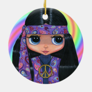 Groovy Hippie Chick Lila Paisley Peace Sign Keramikornament