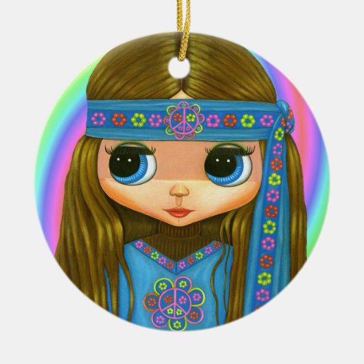 Groovy Hippie Chick Niedliches blaues Friedenszeic Keramik Ornament (Vorne)