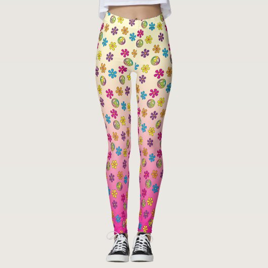 Groovy Hippie Peace and Blume Dusche rosa Fackel Leggings (Vorderseite)
