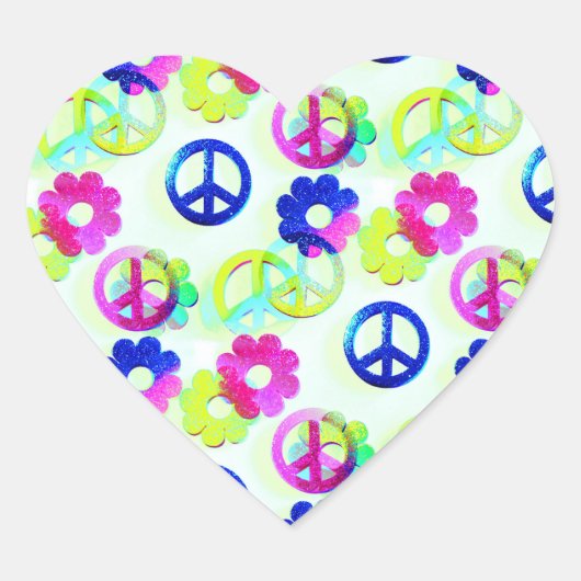 Groovy Hippie Peace Signs Blume Power Aqua Herz-Aufkleber (Vorderseite)