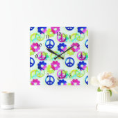 Groovy Hippie Peace Signs Blume Power Aqua Quadratische Wanduhr (Zuhause)