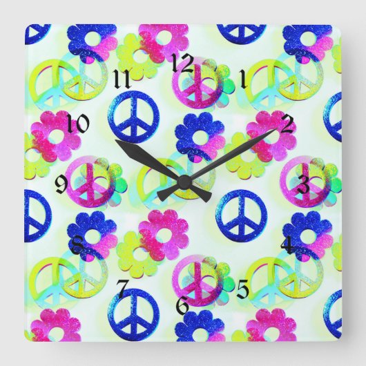 Groovy Hippie Peace Signs Blume Power Aqua Quadratische Wanduhr (Vorderseite)