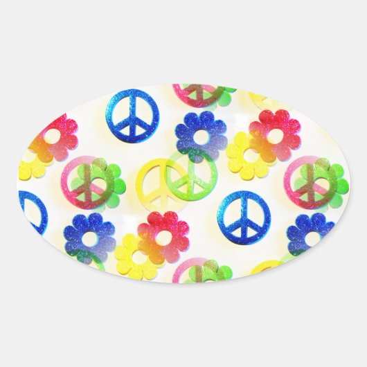 Groovy Hippie Peace Signs Blume Power Glitzern Ovaler Aufkleber (Vorderseite)