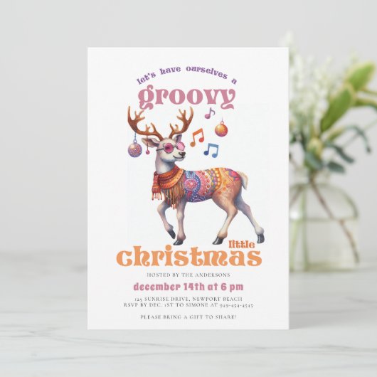 Groovy Hippie Reindeer Funny Disco Weihnachten Par Einladung (Stehend Vorderseite)