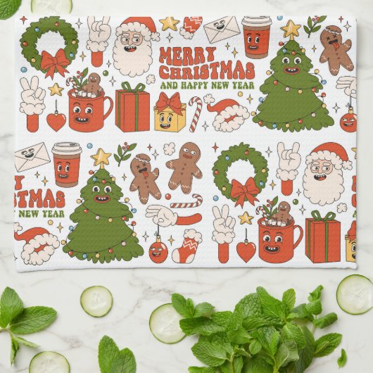 Groovy Hippie Retro Frohe Weihnachten Weihnachten Geschirrtuch (Gefaltet)