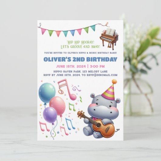 "Groovy Hippo Birthday Bash Bonanza!" Einladung (Stehend Vorderseite)