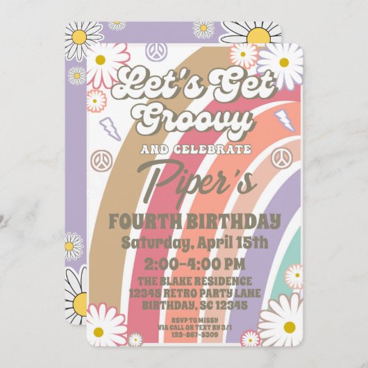 Groovy Hippy Boho Rainbow & Daisy Girls Geburtstag Einladung (Vorne/Hinten)