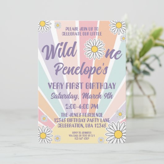 Groovy Hippy Sun & Daisy Einladung zum 1. Geburtst (Stehend Vorderseite)