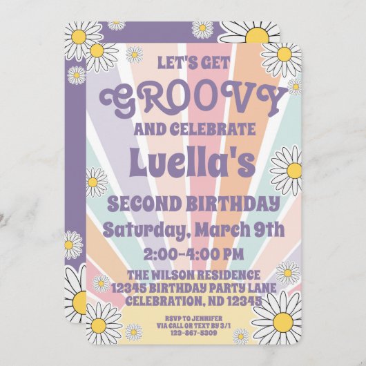 Groovy Hippy Sun & Daisy Girls Einladung zum Gebur (Vorne/Hinten)