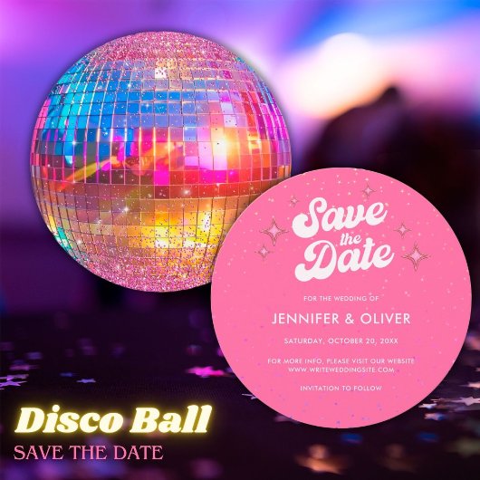 Groovy Hot Pink Disco Ball Wedding Save the Date Einladung
