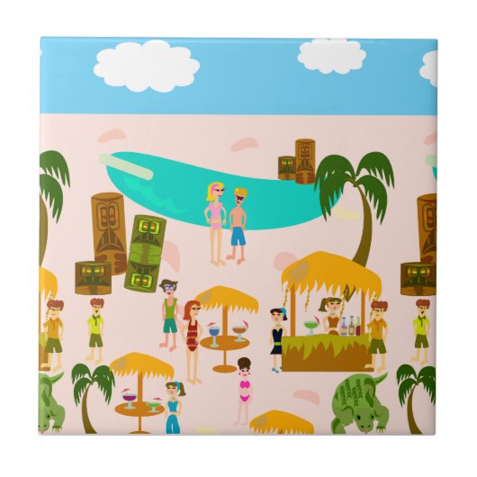 Groovy Jet Set Pool Party Retro Art Cartoon Fliese (Vorderseite)