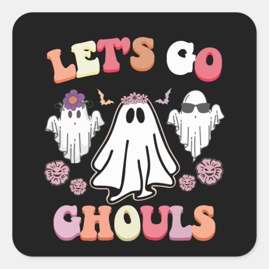 Groovy Let's Go Ghouls Halloween Ghost Retro Quadratischer Aufkleber (Vorderseite)