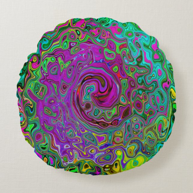 Groovy Lila Abstrakt Retro Liquid Swirl Rundes Kissen (Vorderseite)