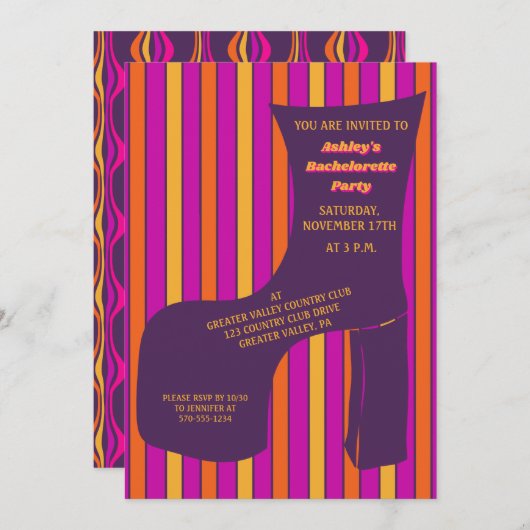 Groovy Lila Disco Showroom Junggeselinnen-Abschied Einladung (Vorne/Hinten)