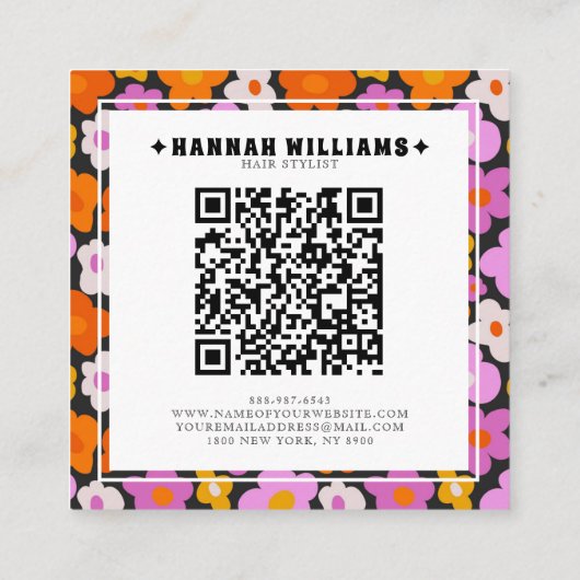 Groovy Lila Pink QR Code Blumenhaar Stylist Quadratische Visitenkarte (Rückseite)