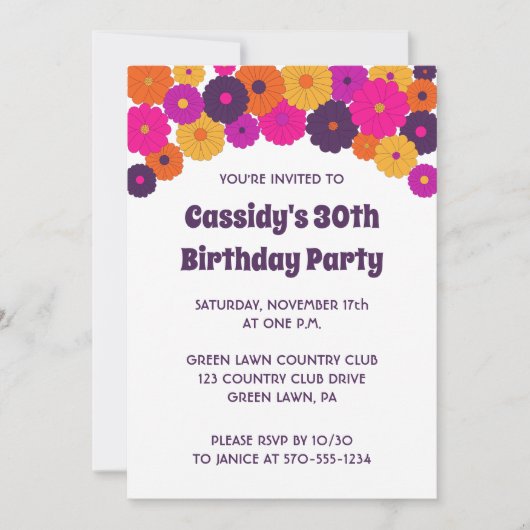 Groovy Lila und Pink Hippie Blume Power Einladung (Vorderseite)