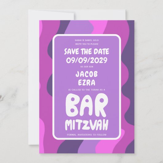 Groovy Lila Waves Custom Bat Bar Bnai Mitzvah Save The Date (Vorderseite)