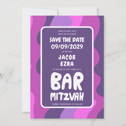 Groovy Lila Waves Custom Bat Bar Bnai Mitzvah Save The Date (Vorderseite)