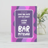 Groovy Lila Waves Custom Bat Bar Bnai Mitzvah Save The Date (Stehend Vorderseite)