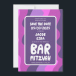 Groovy Lila Waves Custom Bat Bar Bnai Mitzvah Save The Date<br><div class="desc">Perfekte Karte, um eine Bar- oder Fledermausmitzvah oder andere jüdische Feier zu verkünden und Gäste zu Save the Date fragen! Handgefertigte Kunst für Sie mit Griffe auf der Vorder- und Rückseite! (Karo Shop oder DM für BAR/BAT Optionen) VOLL KUNSTBAR! Klicken Sie auf "Personalisieren" oben, um den Text zu bearbeiten. Klicken...</div>