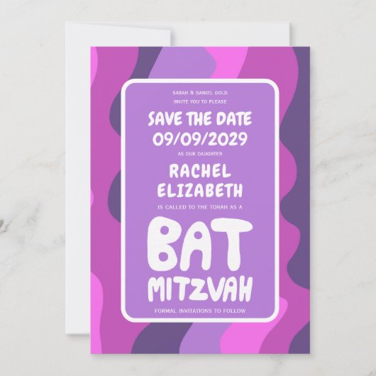 Groovy Lila Waves Custom Bat Bar Bnai Mitzvah Save The Date (Vorderseite)