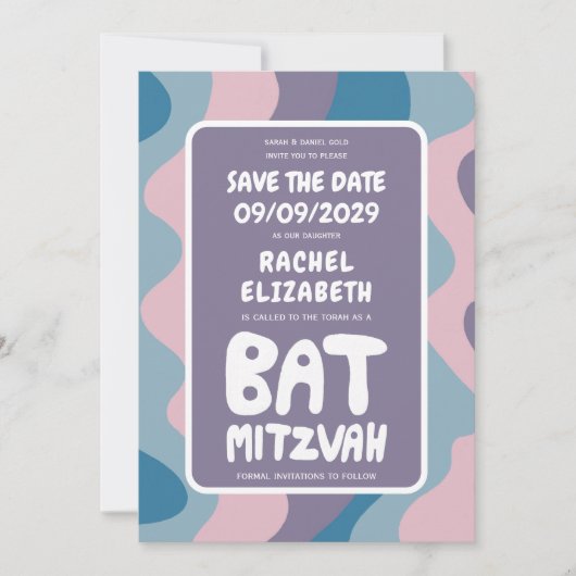 Groovy Lila Waves Custom Bat Bar Bnai Mitzvah Save The Date (Vorderseite)