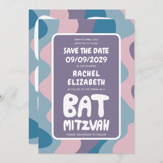 Groovy Lila Waves Custom Bat Bar Bnai Mitzvah Save The Date (Vorne/Hinten)
